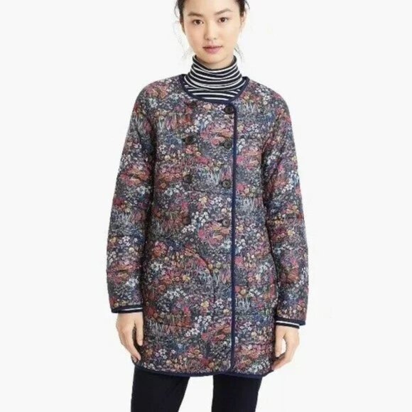 J.Crew x Liberty S Reversible Quilted Puffer Jacket Coat Navy Floral Print - Picture 1 of 13
